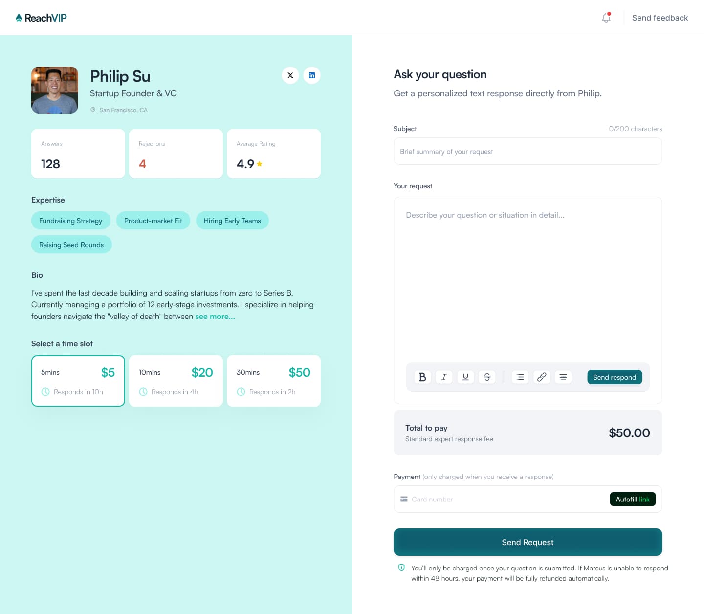ReachVIP dashboard showing expert questions and earnings